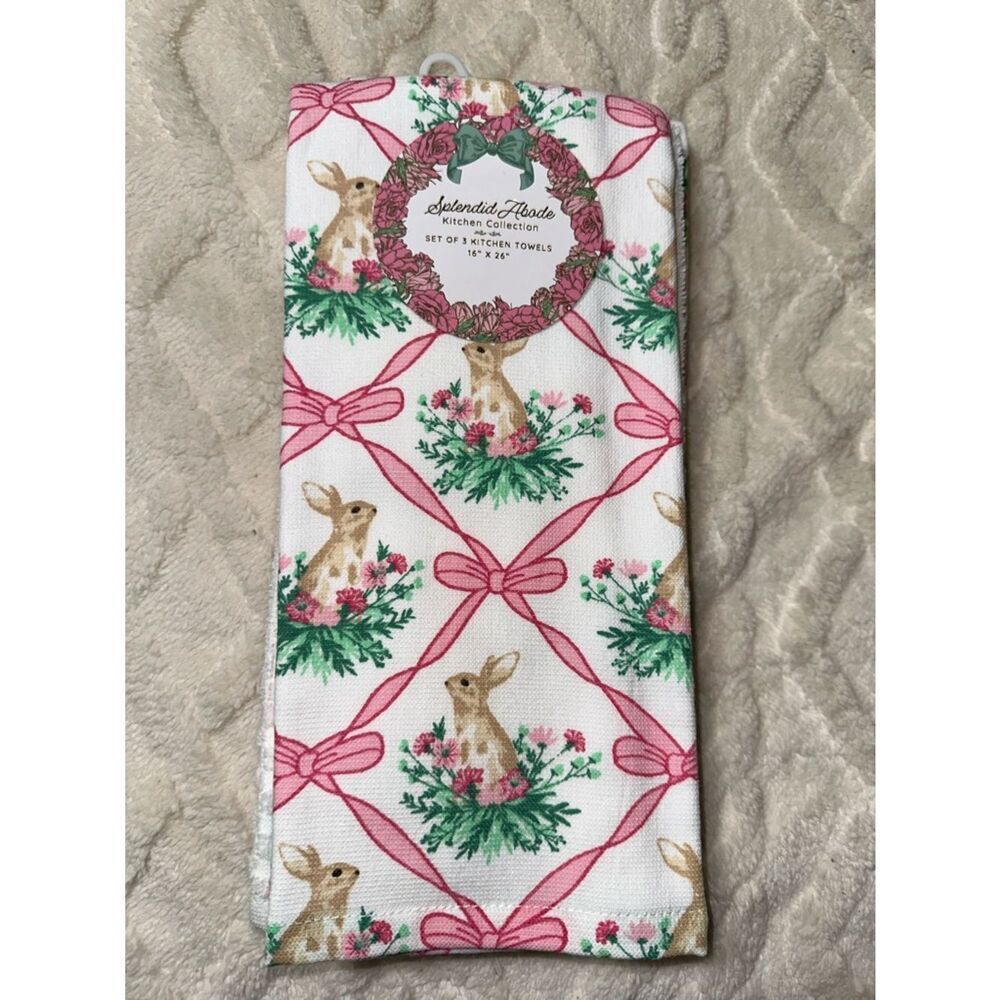 SA Easter Bunny Floral Trellis White Pink Cotton Tea Kitchen Towels Set of 3